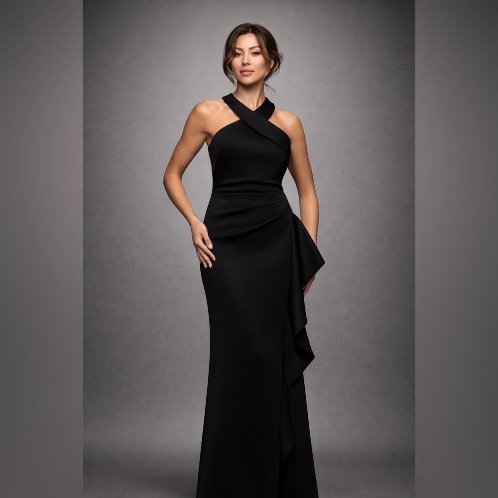 Xscape Black Halter Scuba Gown 14p NWT Black Tie Wedding Gala Dress